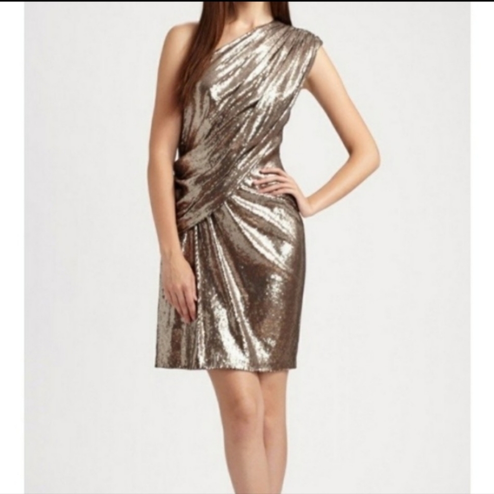 Tadashi Shoji Timeless Gold Metallic One Shoulder Dress Designer Red Carpet - Picture 13 of 14
